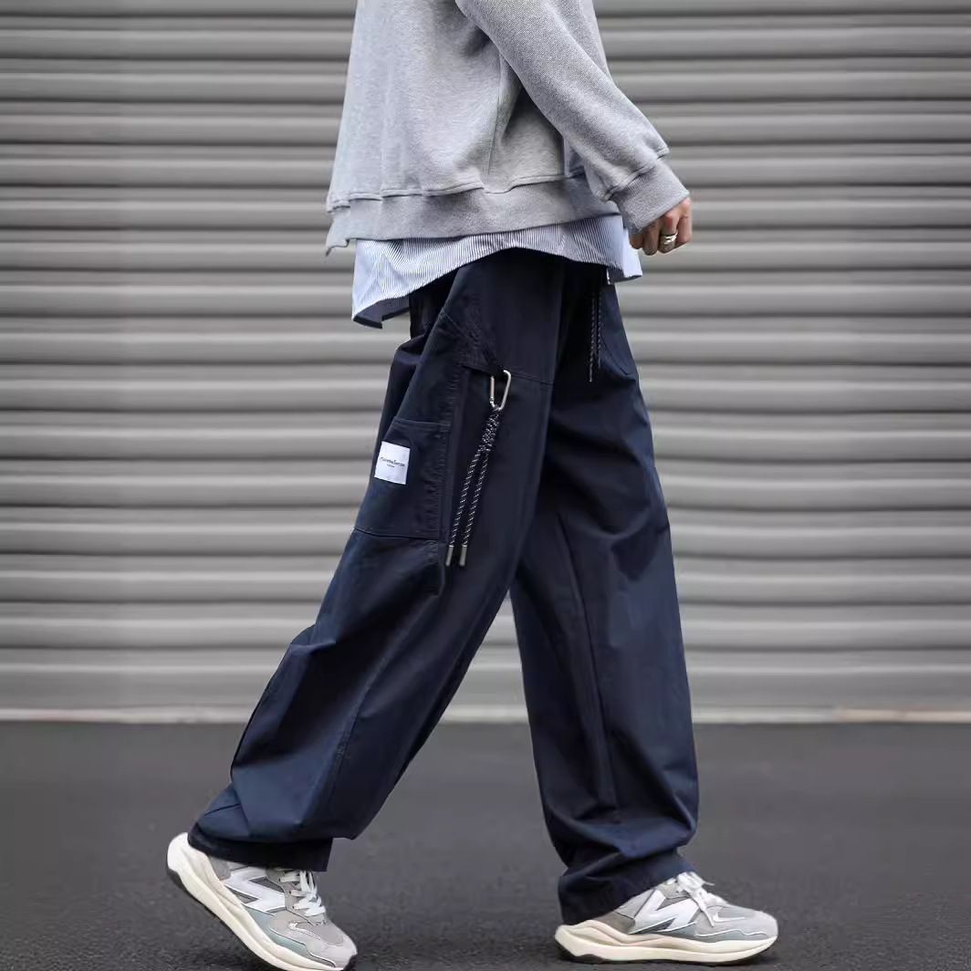 日系机能拼接休闲裤男春秋季宽松直筒基础cityboy阔腿工装长裤男