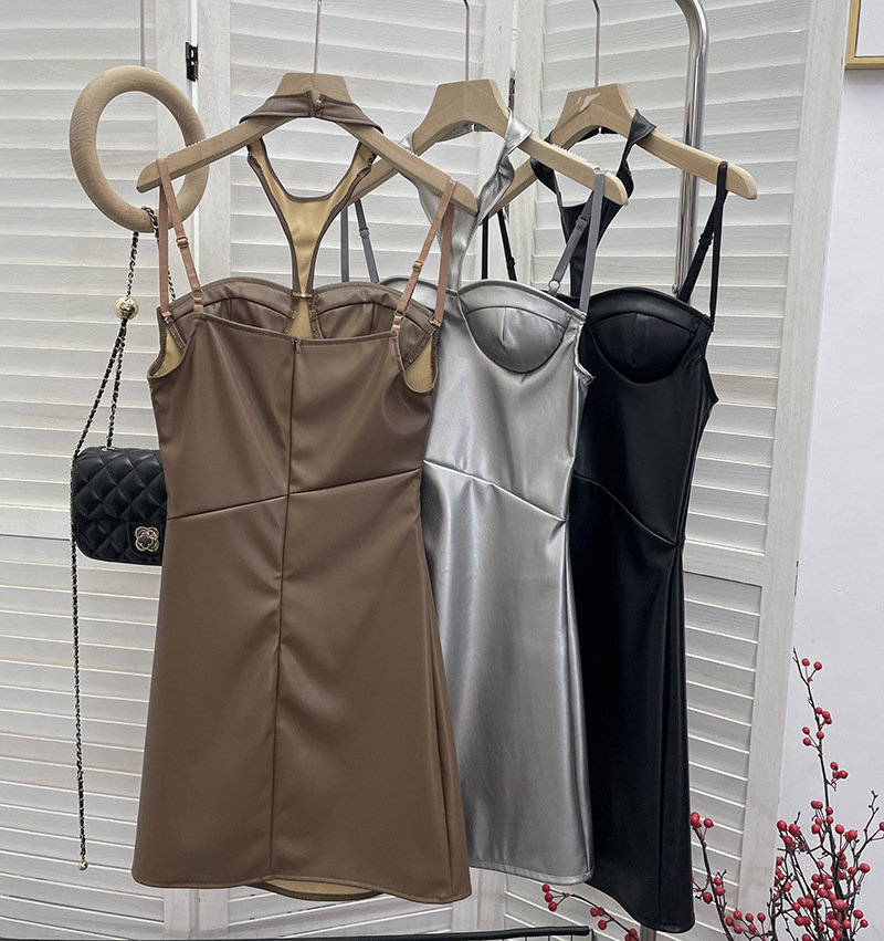 Chest Pad Halter Spaghetti Straps Dress Sexy Slim Fit Ruffle Hip Faux Leather Sexy