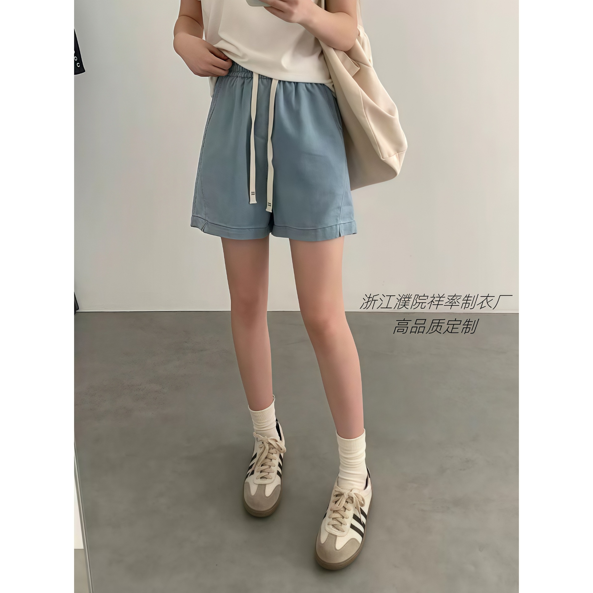天丝牛仔短裤女松紧腰运动五分裤薄款高腰大码胖mm女装高腰显瘦