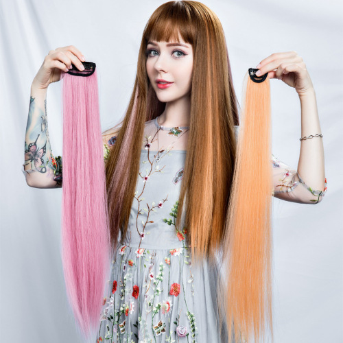 Colorful False Hair Piece for Women, Long Straight Hair, Pick Dye Gradient Invisible Natural One-Piece Straight Wavy Hair Clip-In Extension Ears Hair Color