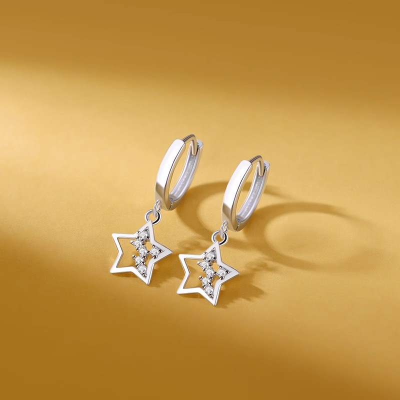 Earrings Women's Pentagonal Star Micro-inlay Hollow Earrings Design Personalized Simple Fashion Light Luxury Exquisite Ear Buckle Ear Jewelry