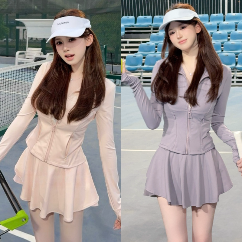 European Fashion Sports Casual Sun Protection Suit for Women, Summer Yoga Wear, Feather Tennis Zip-Up Jacket and Short Skirt Two-Piece Set