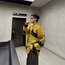 慵懒风渐变拼色V领针织polo衫毛衣男款秋冬季高级松弛感套头外套