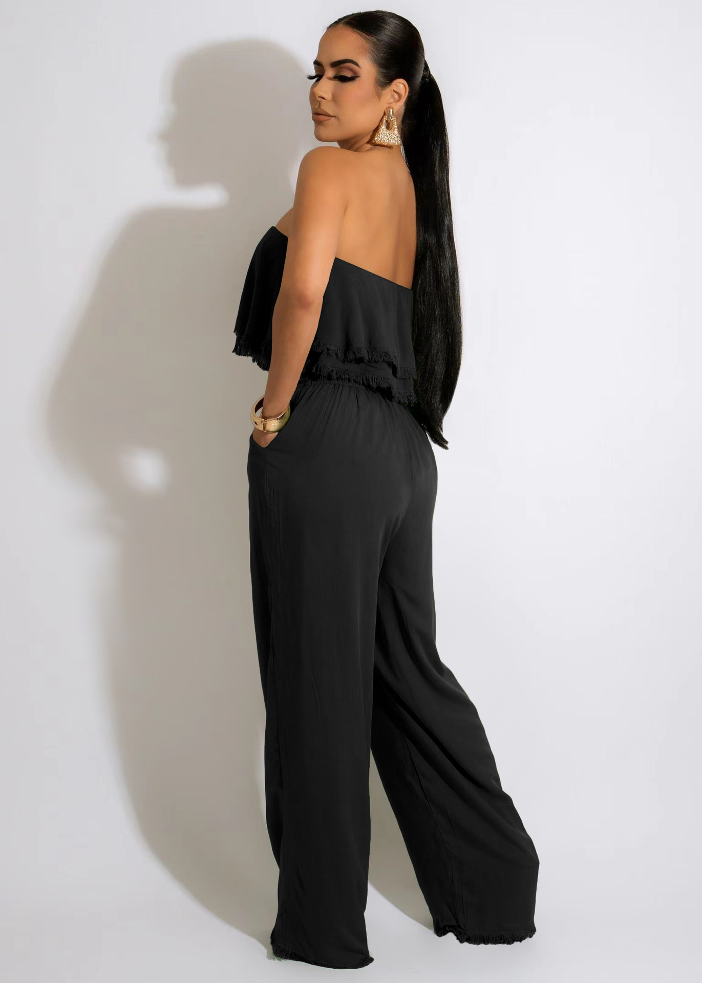 sleeveless ruffle tube top waist wide-leg solid color jumpsuit NSTRS134256