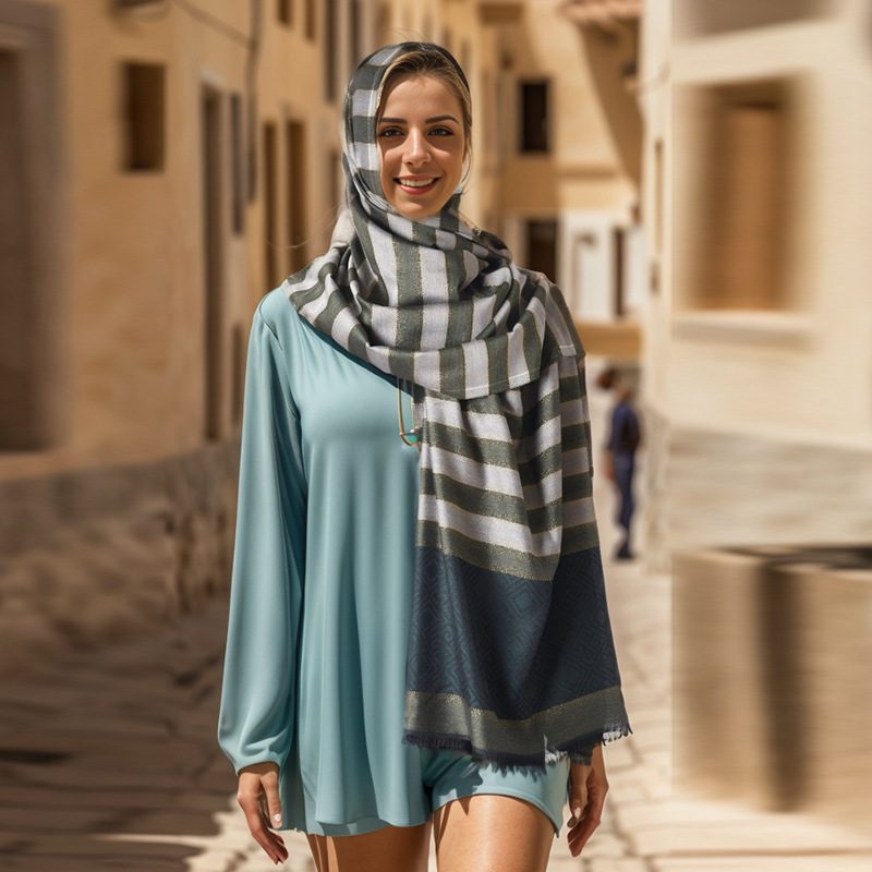 Baotou Scarf Women's Striped Silk Scarf Shawl High-end Feeling Middle Eastern European And American Striped Large Silk Scarf Square Scarf_voghion.com
