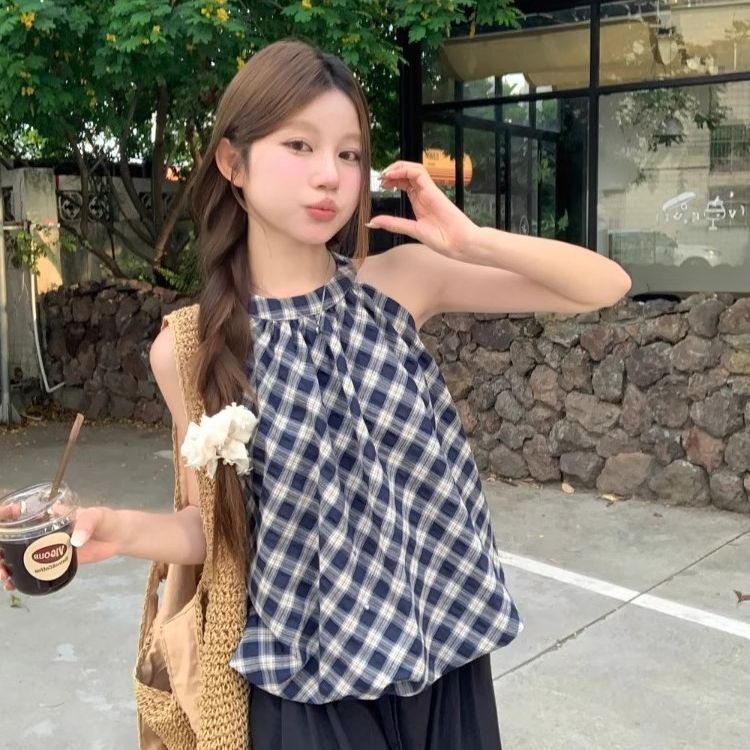 Retro Plaid Flower Bud Sleeveless Vest Women's Summer Versatile New Style Contrasting Color Slimming Outer Wear Halter Top Retro Plaid Flower Bud Sleeveless Vest Women's Summer Versatile New Style Contrasting Color Slimming Outer Wear Halter Top
