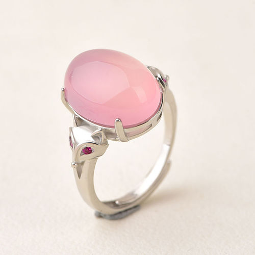 White gold-plated nickel silver (S925) second-generation gemstone fox ring with rose-cut ruby as the main stone, size 12*16mm, open-mouthed design.