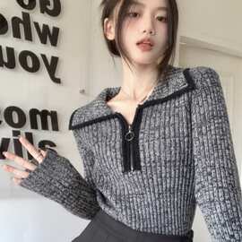 抖音天猫质量复古日系半拉链翻领针织衫设计感小众宽松显瘦打底衣