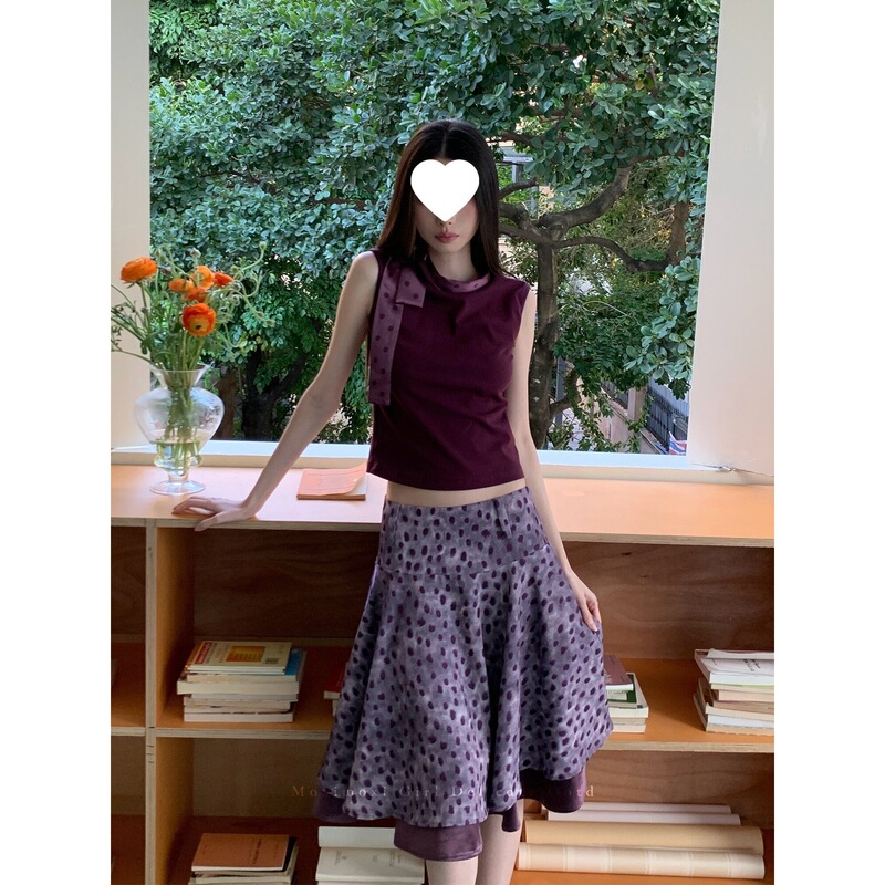 Vintage Japanese-Style Y2K Satin Polka Dot Sleeveless Tank Top with Double-Layered Patchwork Retro Fuzzy Polka Dot Set