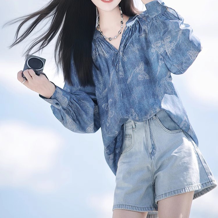 High-End Line“Nequin Blue-100 Silk Shirt Women's Shirt” Chapter Dyed Sapphire Blue/Anti-Proof Shirt