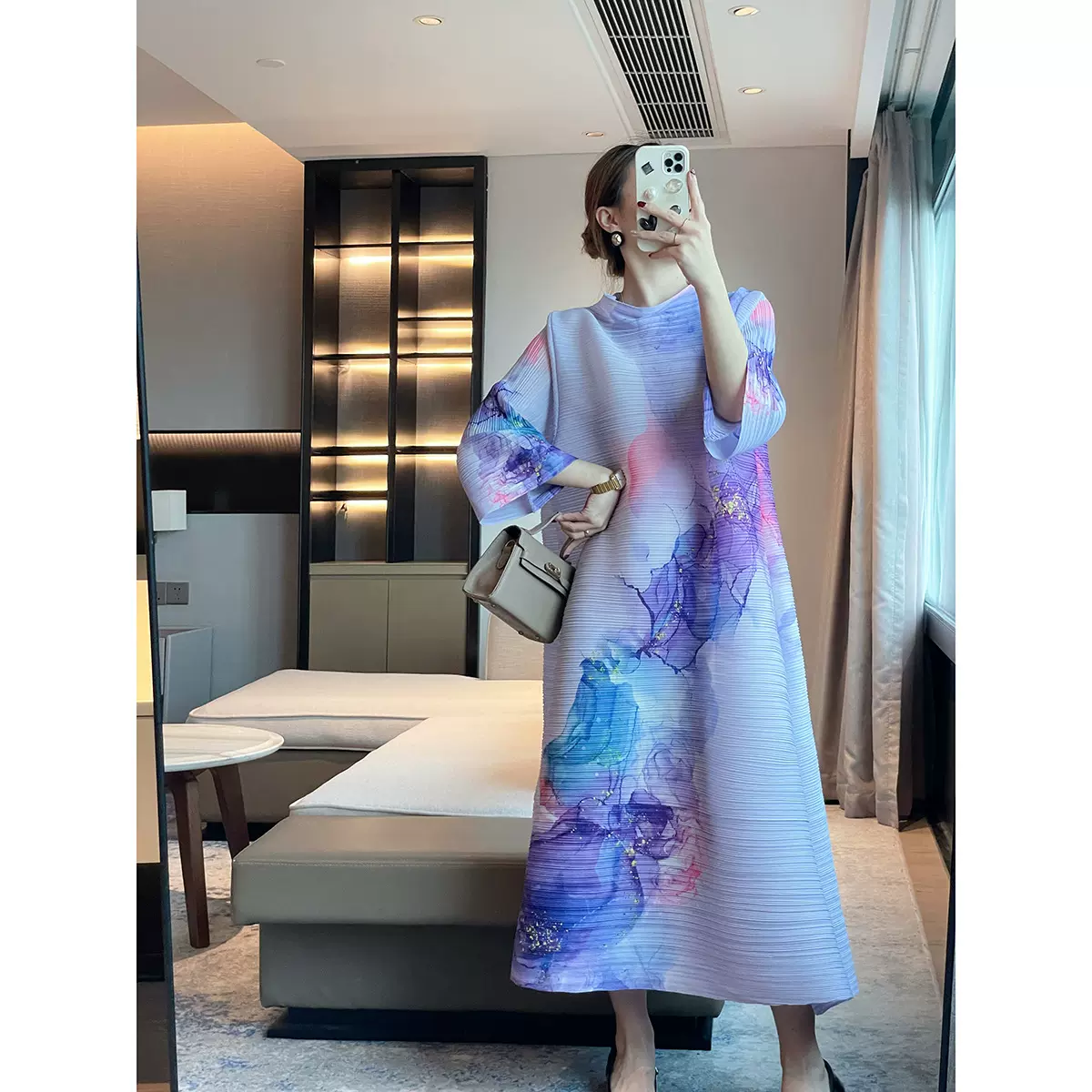 三宅2025秋季新款时尚印花高级感褶皱连衣裙气质长款宽松遮肉长裙