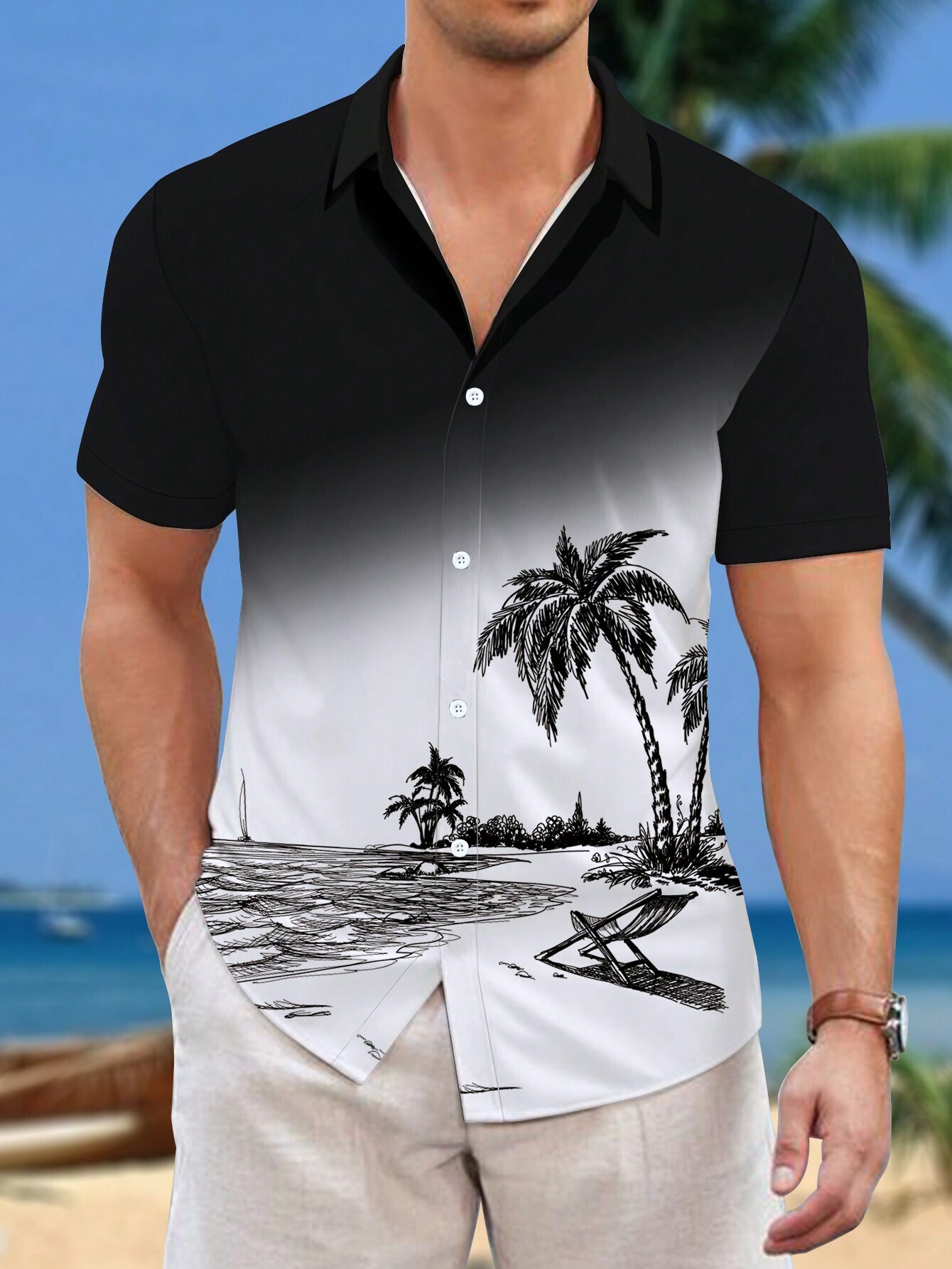 Ropa de hombre de comercio exterior de estilo europeo y americano 2024 nueva camisa de manga corta con patrón de árbol de coco de moda casual de todo fósforo MB1