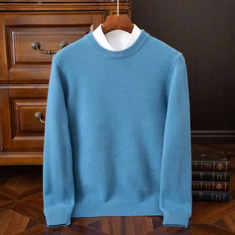 Spring and Autumn Men's 100 Pure Woolen Sweater Knitted Sweater Pullover Round Neck High Neck Solid Color All-match Solid Color Pure Sweater