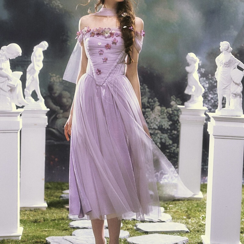 Lacema Purple Iris French Romantic Off-Shoulder Dress for Women, Purple Fairy Princess Long Dress with Tulle
