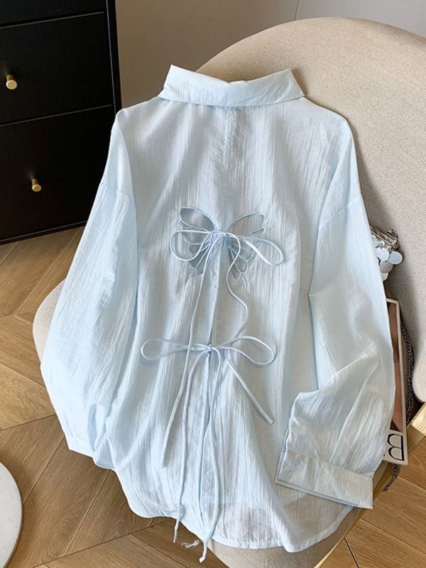 蓝色蝴蝶镂空系带防晒衬衫外套女夏2025新款宽松衬衣薄款外搭上衣|undefined