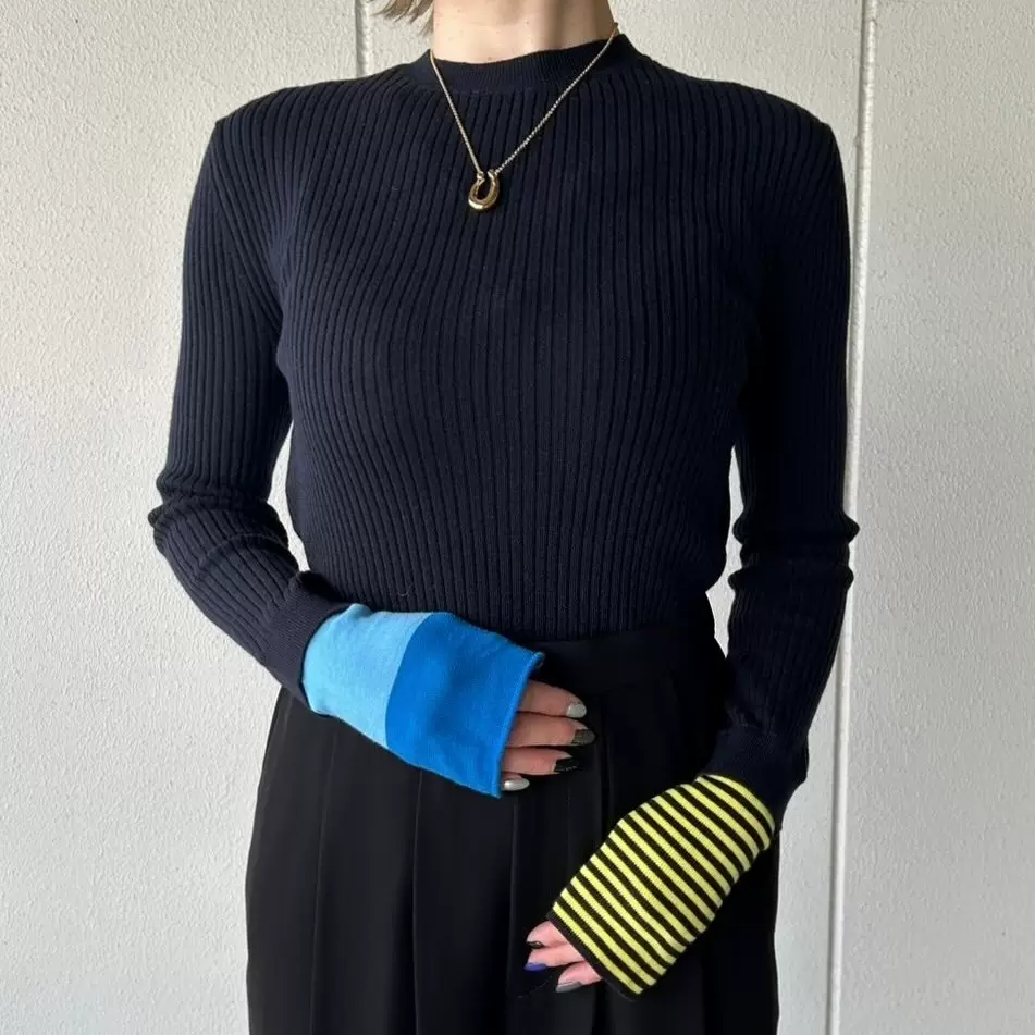 EF25春夏新款修身螺纹针织衫袖口撞色弹力打底衫圆领套头女毛衣