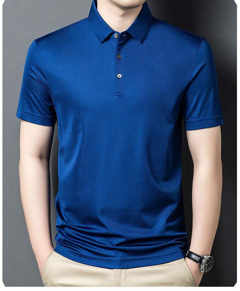Áo polo nam tay ngắn lụa tơ tằm cổ bẻ mỏng nhẹ — Màu xanh dương JS1601077 chi tiết 12