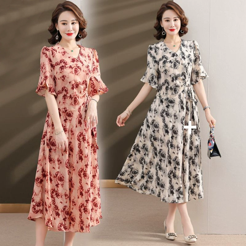 Летнее платье для матери среднего возраста, модное платье, летний темперамент для женщин среднего и пожилого возраста, новый стиль, иностранный стиль и благородство.