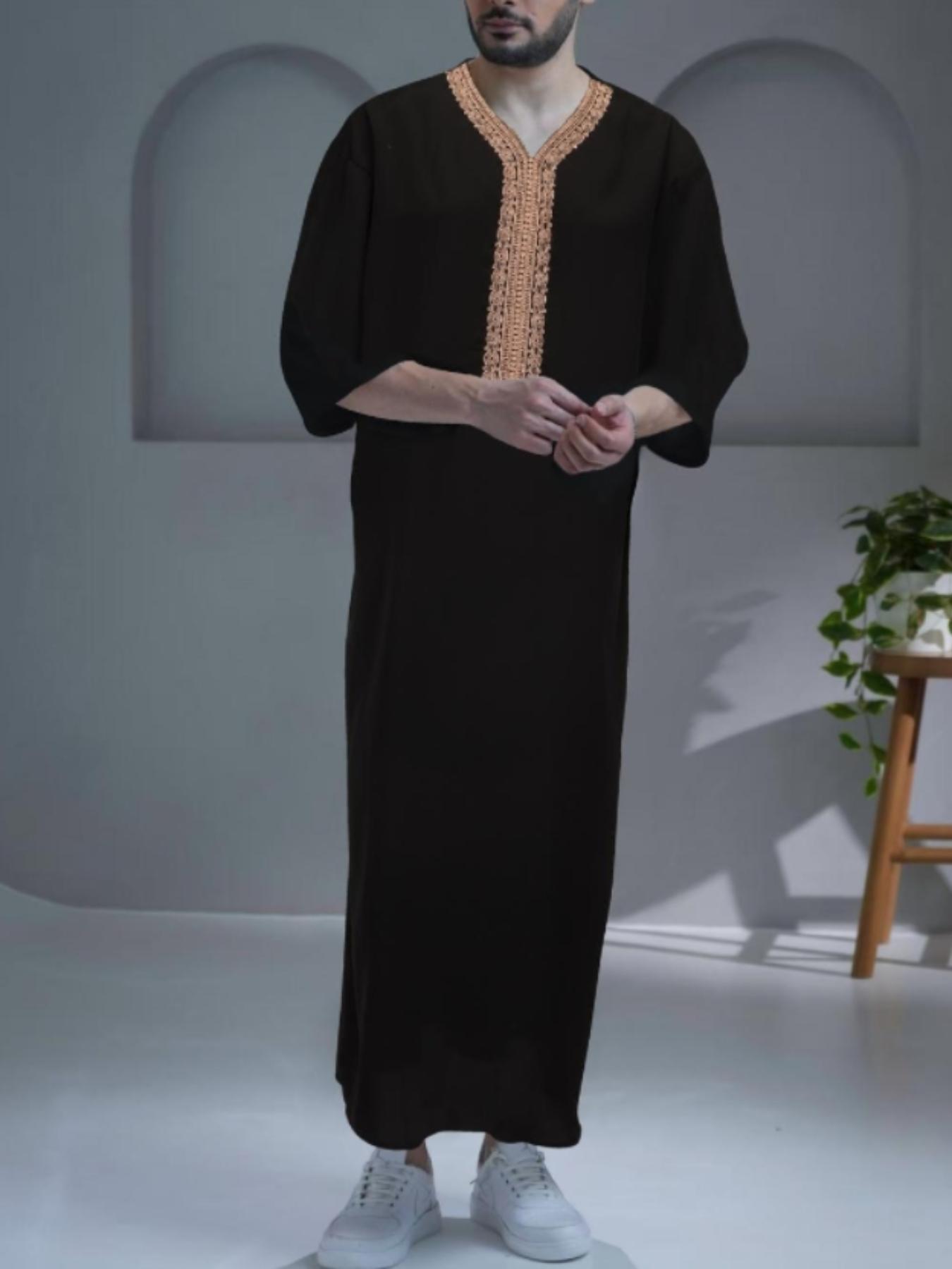 Ethnic Embroidered Kaftan Tunic For Men – Breathable Black Linen-Like Polyester With Hand-Stitched Motifs (Loose Fit, 5-Size Range, Machine Washable)​_voghion.com