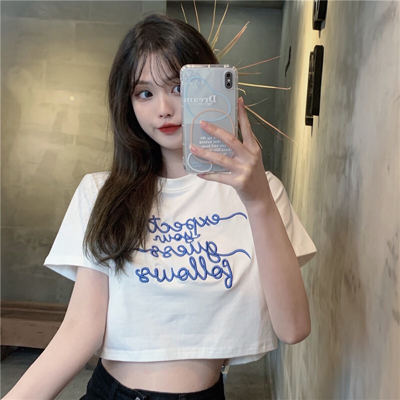 Letter Embroidered Short-Sleeved T-Shirt for Women Summer 2025 K-Style Ins Trendy Slim Short High-Waisted Crop Top for Small People Letter Embroidered Short-Sleeved T-Shirt for Women Summer 2025 K-Style Ins Trendy Slim Short High-Waisted Crop Top for Small People
