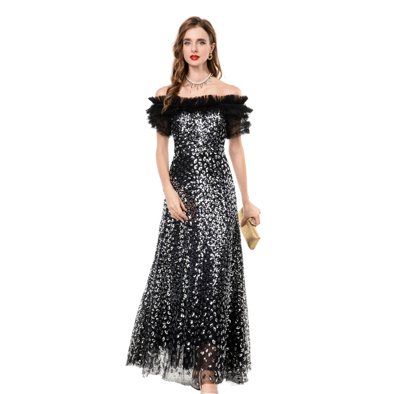 Handmade Sequined One-Shoulder Mesh Mermaid Short French Shoulder Long Tail Elegant Evening Dress 251406