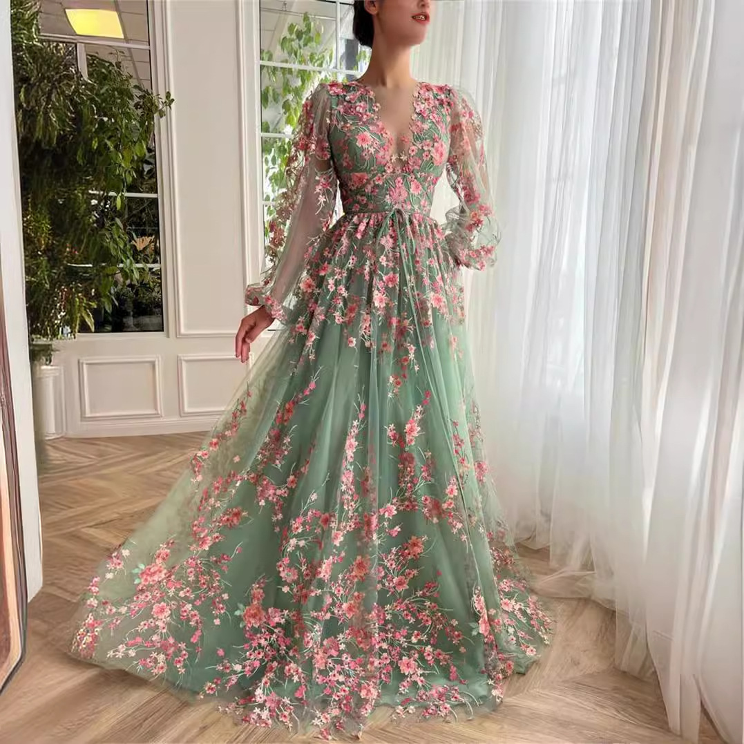 Green Shadow Series Prom Green Banquet Dress 2025 Spring New Long Sleeve Casual Fashion Trendy Evening Dress