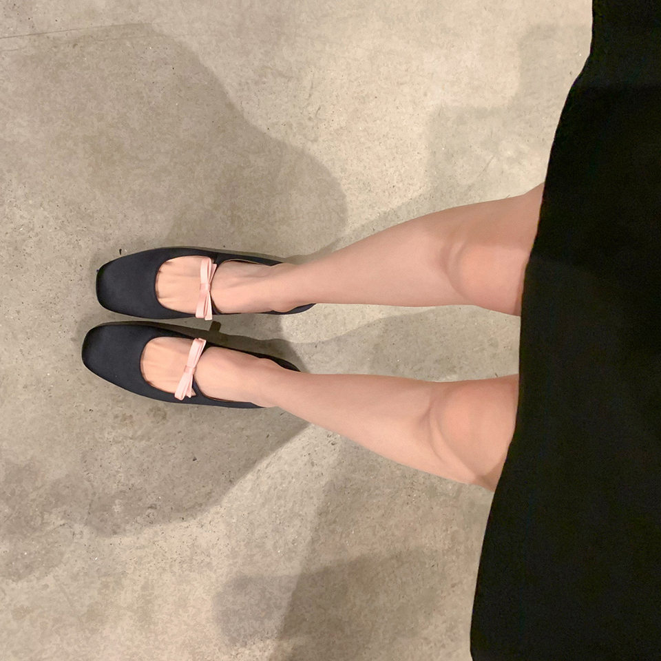 Giày búp bê nữ mũi vuông cổ thấp thắt nơ quai ngang, đế bằng gót thấp 1–3 cm — Màu hồng đen, Màu đen, Màu đỏ
