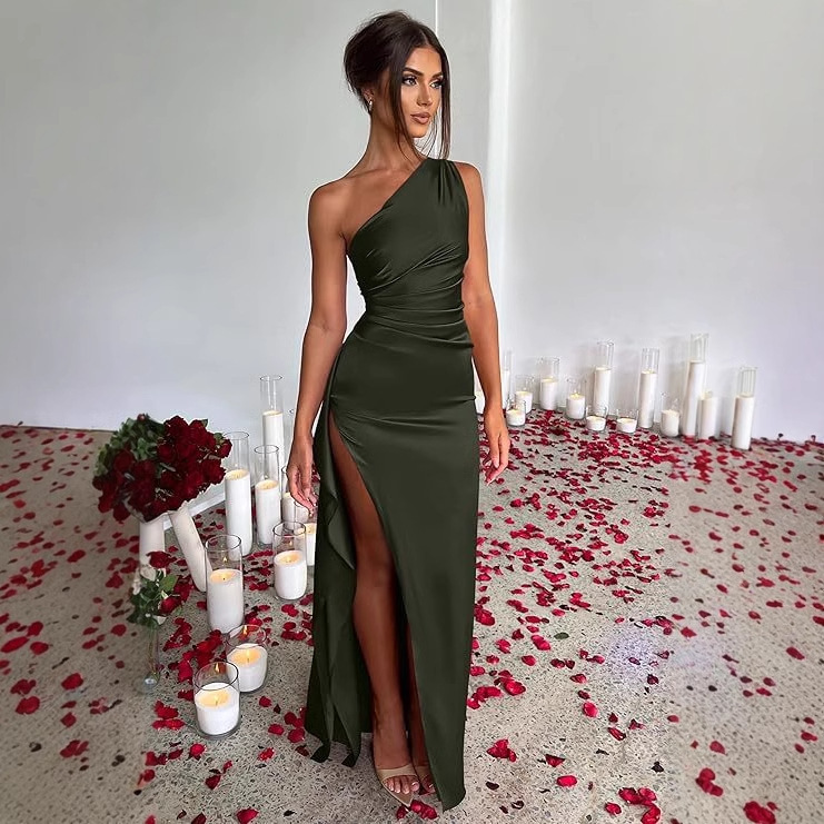 Evening Dress Women Sexy One-Shoulder High Slip Cocktail Wedding Party Dinner Slim Look Long Dress