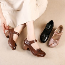 真皮皮鞋复古文艺民族风女鞋纯牛皮中跟浅口单鞋中年玛丽珍妈妈鞋