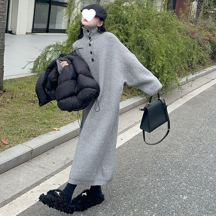 废土风小个子毛衣裙长款灰色针织连衣裙秋冬新款韩版毛衣裙子