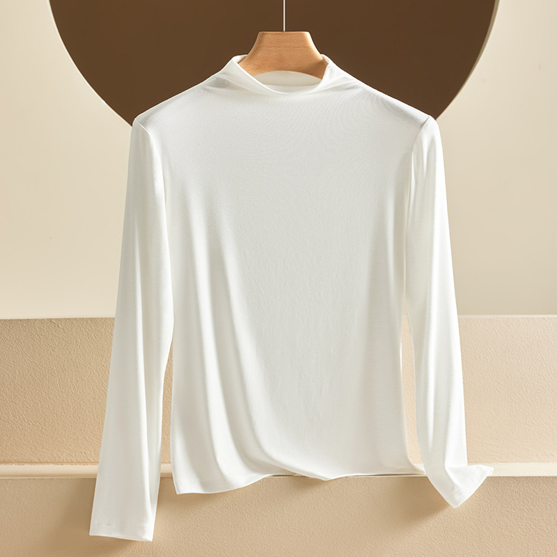 Otoño e invierno nueva camisa de fondo modal de cuello medio alto para mujer delgada de manga larga con ropa de otoño de color sólido