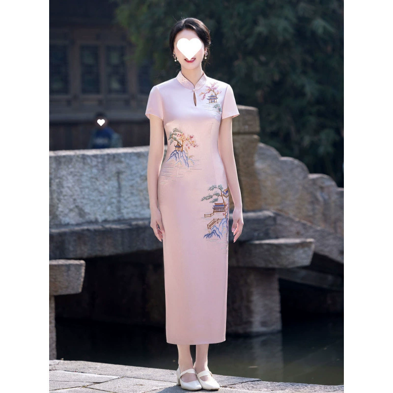 Высококачественное ацетатное платье для свадебного банкета матери Cheongsam, модная вышивка, благородный и молодежный элегантный тостовый наряд в китайском стиле для тещи