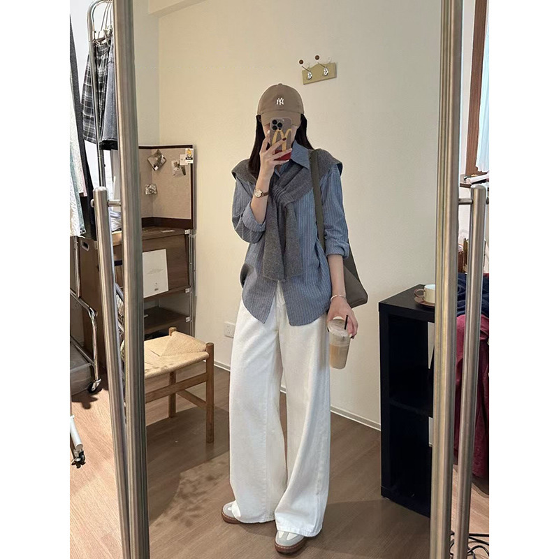 韩系通勤长袖条纹衬衫女装春夏设计感小众气质衬衣叠穿披肩两件套|undefined
