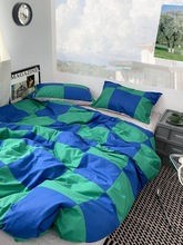 落日飛車ins藍綠格子全棉床上四件套中性簡約純棉床單床笠款4件套