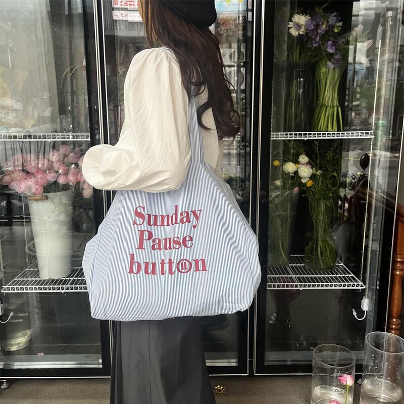 2025 Spring and Summer New Tote Bag Large Capacity Letter Striped Shoulder Bag Canvas Bag Women's Simple Casual Shopping Bag