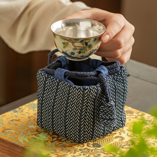 Cotton and Linen Thickened Tea Set Storage Bag, Traditional Style Tea Fabric Bag, Zisha Tea Pot with Two Cups, Large Capacity Host Cup Portable Bag