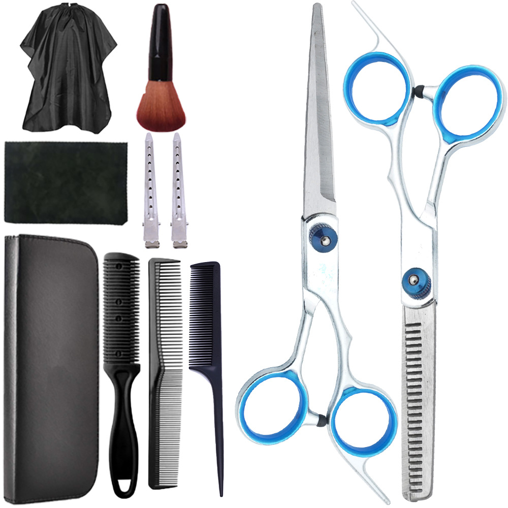 Un conjunto completo de tijeras de corte de pelo al por mayor, tijeras de dientes delgadas profesionales, tijeras planas de reparación de cabello, tijeras para el hogar, fabricantes de herramientas de tijeras para el cabello