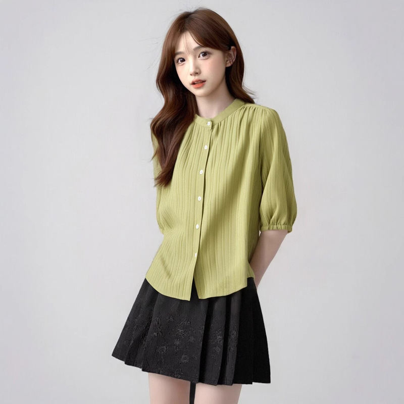 Hanika Spring New Design Sense Ruffled Irregular All-match Lace White Shirt Nine-point Sleeve Top