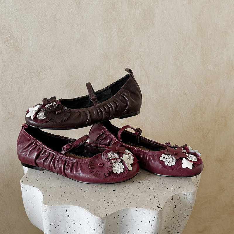 Designer Beaded Floral Mary Jane Shoes 2026 Spring New Fairy Style Height-Increasing Sheepskin Single Shoes for Women