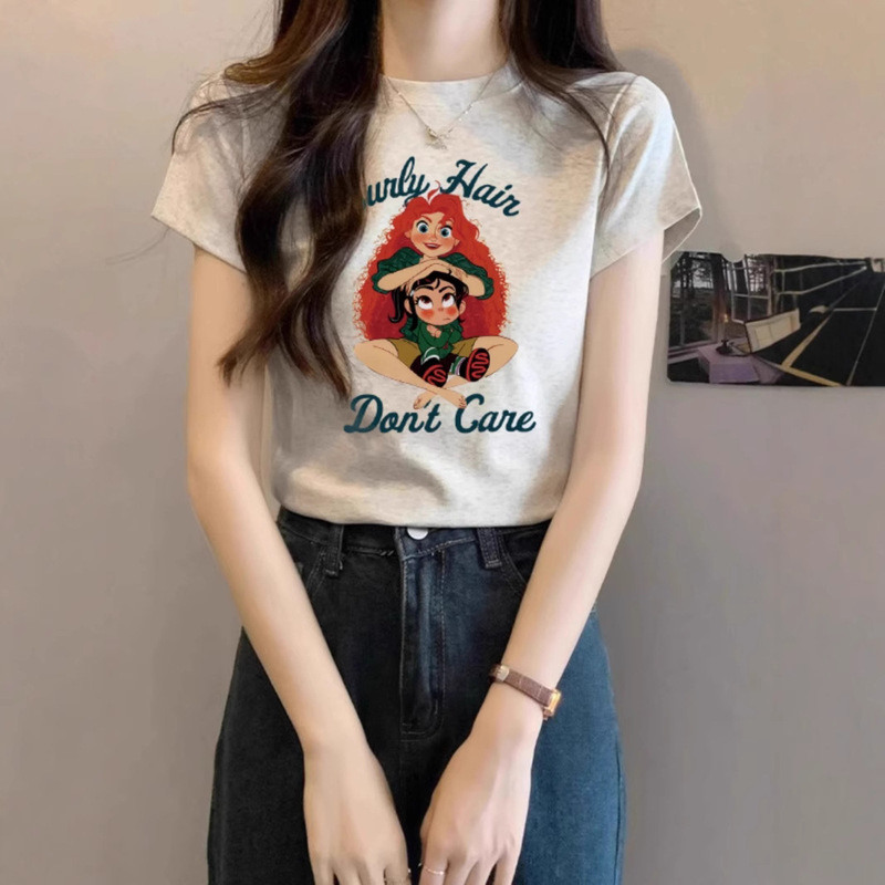 デザインニッチな右肩ピュアコットン半袖Tシャツレディース夏新作プリントスリムラウンドネックグレートップトレンディ|undefined