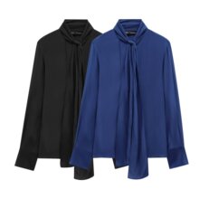 跨境欧美时尚纯色缎面领口系蝴蝶结长袖衬衫2025春季新品E48712