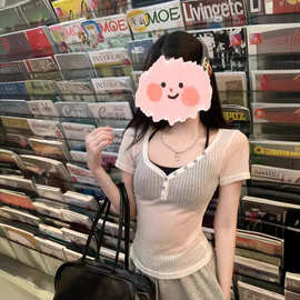 纯欲v领薄款短袖t恤女装夏季新款性感修身显瘦打底衫正肩休闲上衣