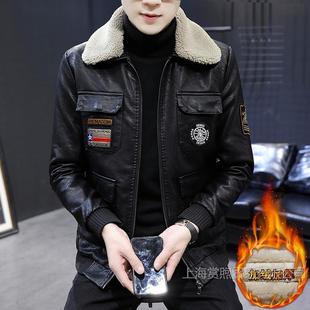 Leather Men's Autumn and Winter Fur One-piece fleece-lined Lapel Lambskin Cotton Jacket Men's Thickened Motorcycle Leather Jacket
