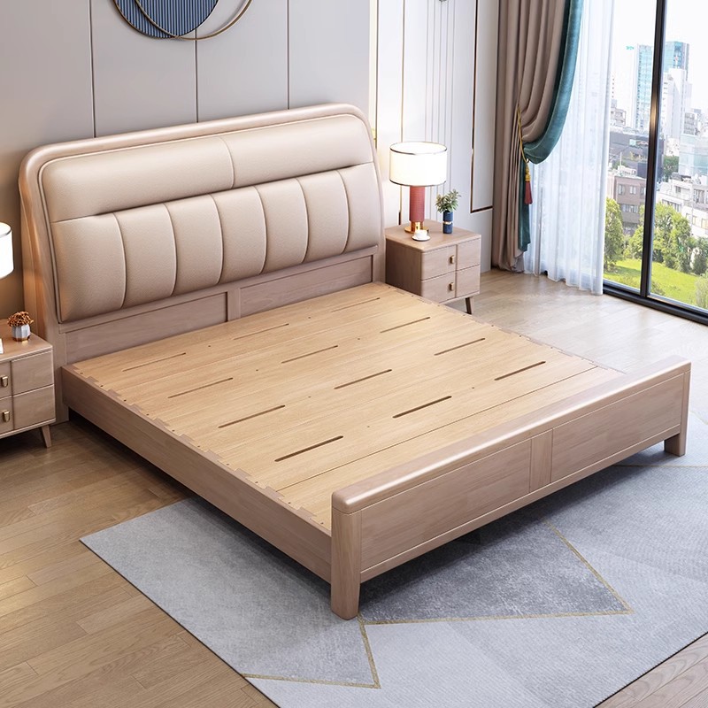 New Style Solid Wood Bed Mortise and Tenon Simple Master Bedroom Queen Bed Quiet Double Full Solid Wood Thickened Bed Board Full Shop Soft Wedding Bed