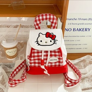 Cute Red Plaid Kitten Drawstring Storage Mini Girl Heart Backpack 2025 New Personality Street Backpack