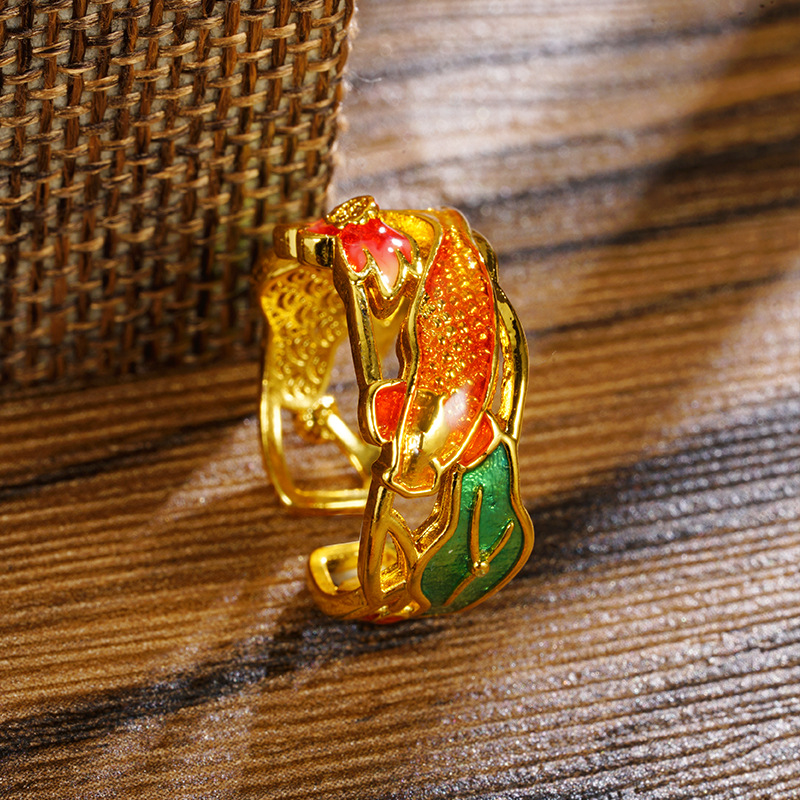 Guofeng koi abierto anillo de oro de arena de Vietnam pintado goteo de aceite loto fábrica de hojas de loto Yiwu al por mayor joyería