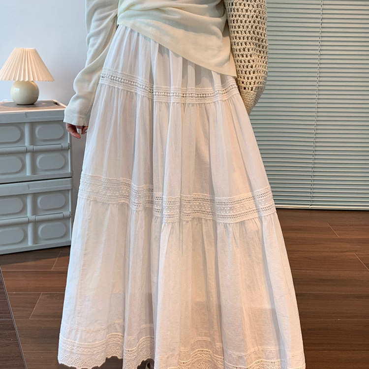 White A-Line Skirt for Women, 2026 Spring New Style, Mid-Length, Spring and Summer Lace Trim, Puffy Umbrella Skirt