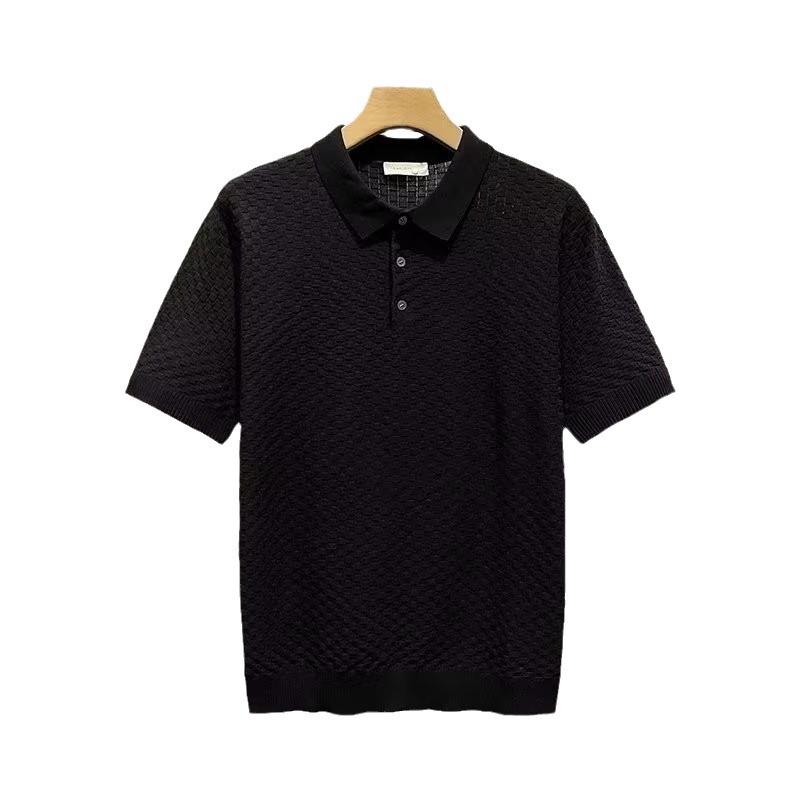 Moda de moda 2024 verano suéter de manga corta elástica de punto camisa suelta británica de estilo cocido ligero a rayas