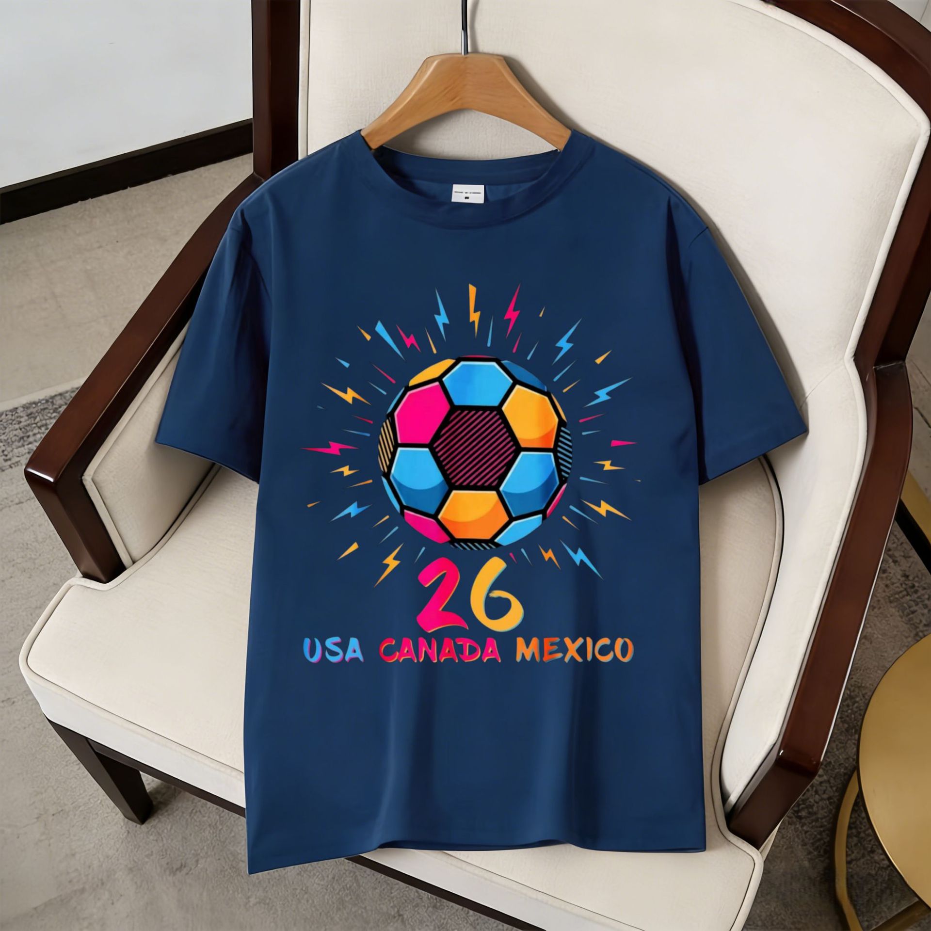 2026 World Cup Theme US-Canada-Mexico Lightning Football Printing Short Sleeve Fan Commemorative T-Shirt_viptrois.com