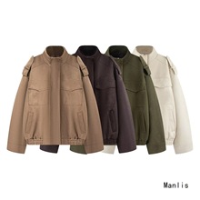 Z跨境欧美风2025新款时尚气质女装口袋饰绒面质感皮革外套4341770